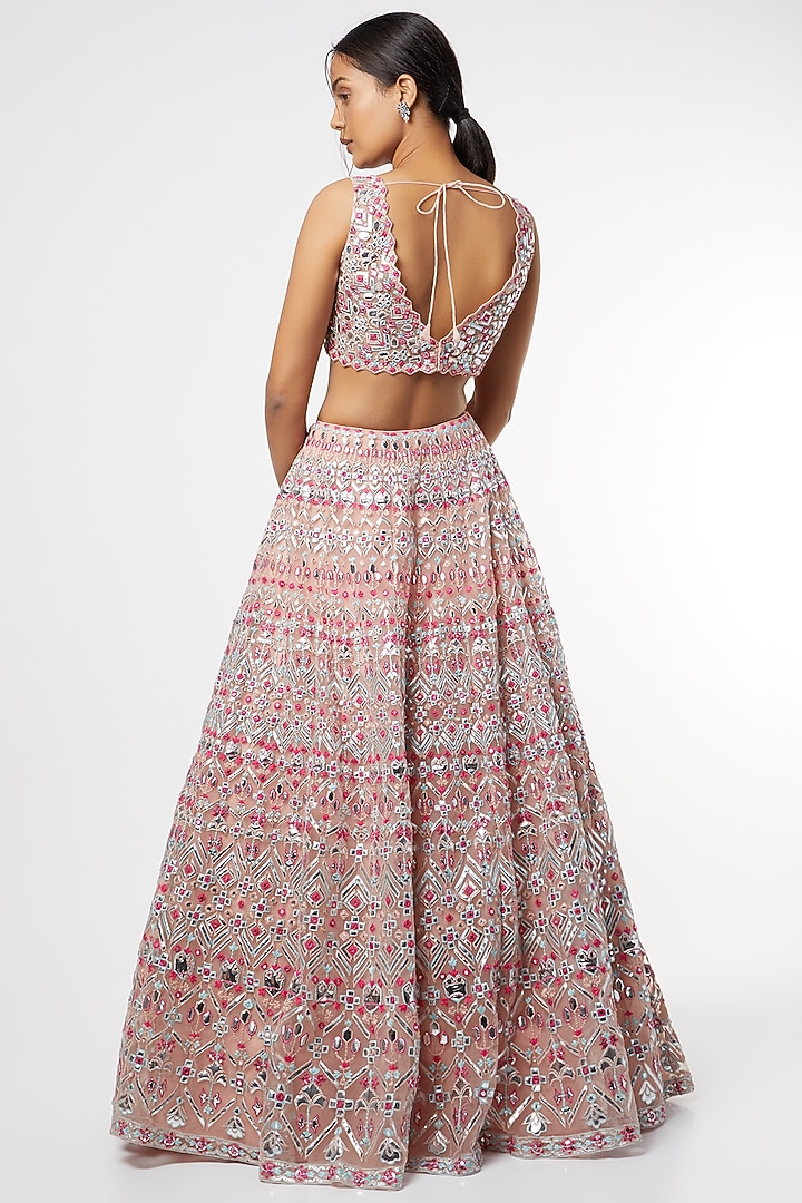 Blush Pink Net Foil Applique Work Bridal Lehenga Set by Aneesh Agarwaal at Pernia's Pop Up Shop