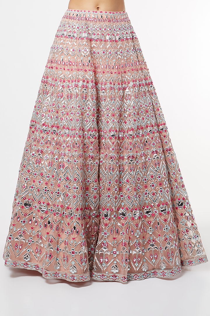 Blush Pink Net Foil Applique Work Bridal Lehenga Set by Aneesh Agarwaal at Pernia's Pop Up Shop