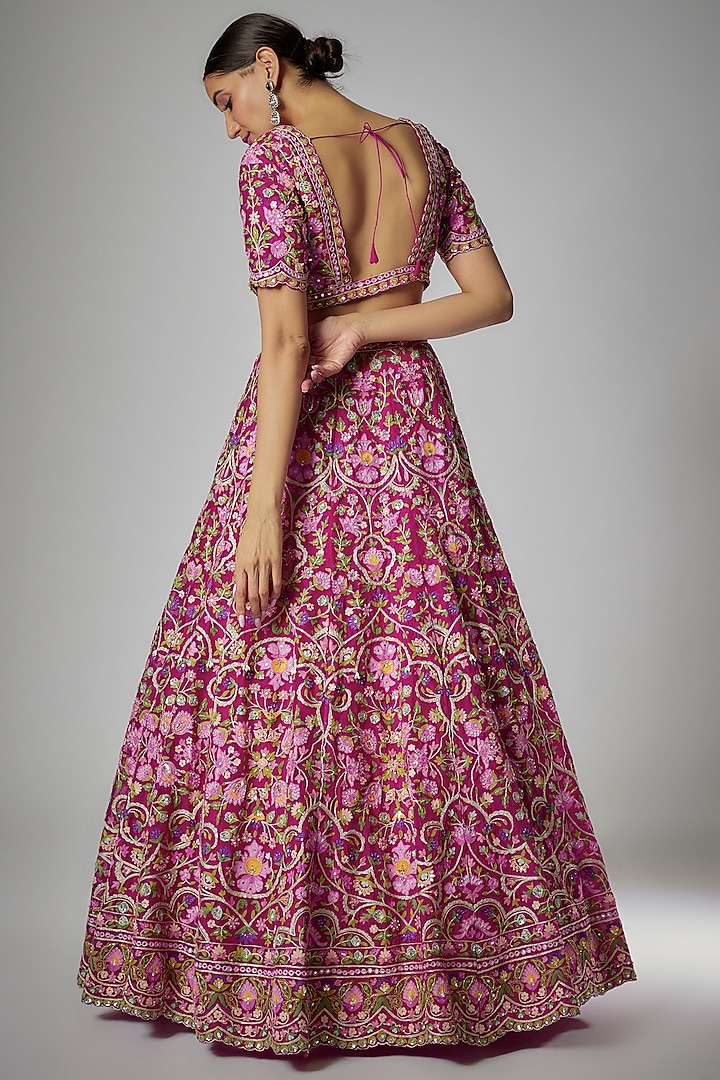 Dark Pink Net & Organza Embroidered Bridal Lehenga Set by Aneesh Agarwaal at Pernia's Pop Up Shop
