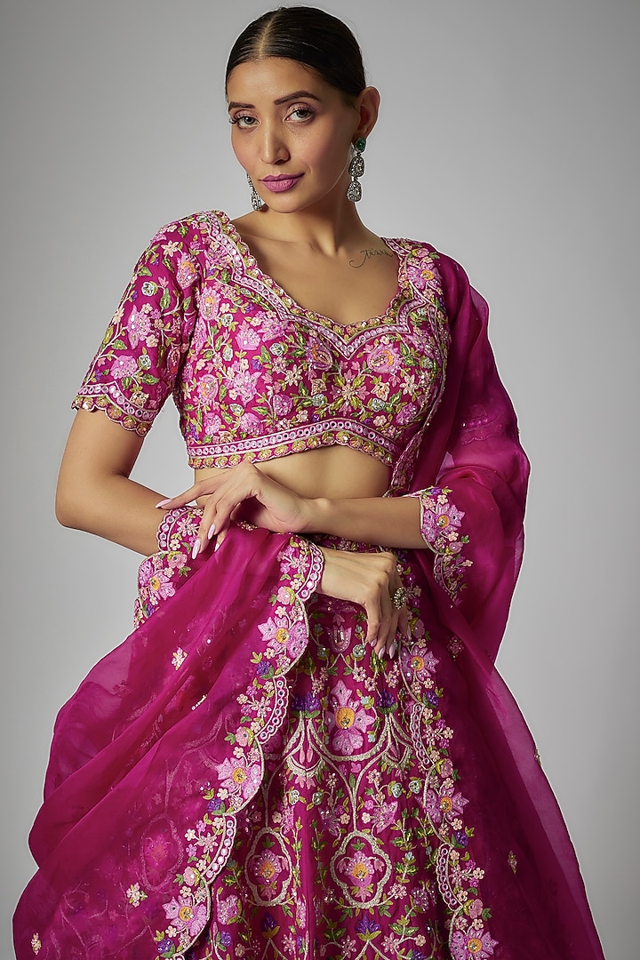 Dark Pink Net & Organza Embroidered Bridal Lehenga Set by Aneesh Agarwaal at Pernia's Pop Up Shop