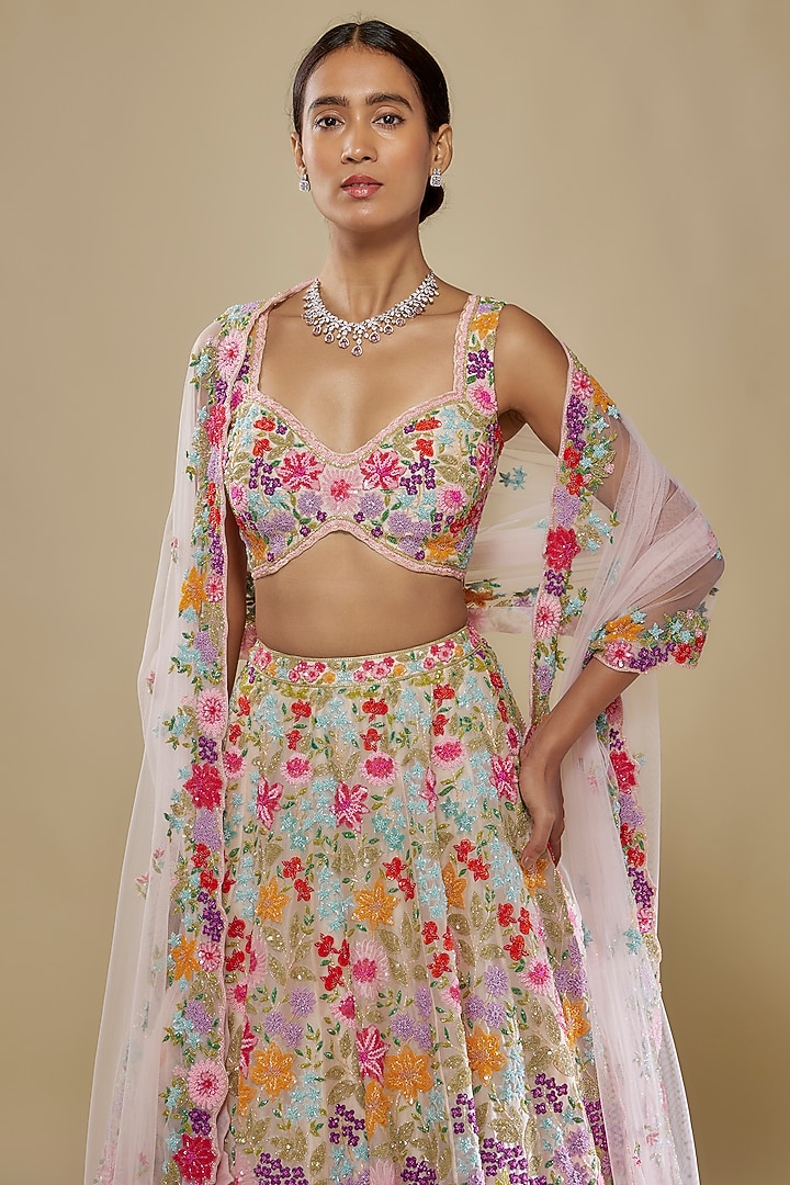 Multi-Colored Organza Embroidered Bridal Lehenga Set by Aneesh Agarwaal at Pernia's Pop Up Shop
