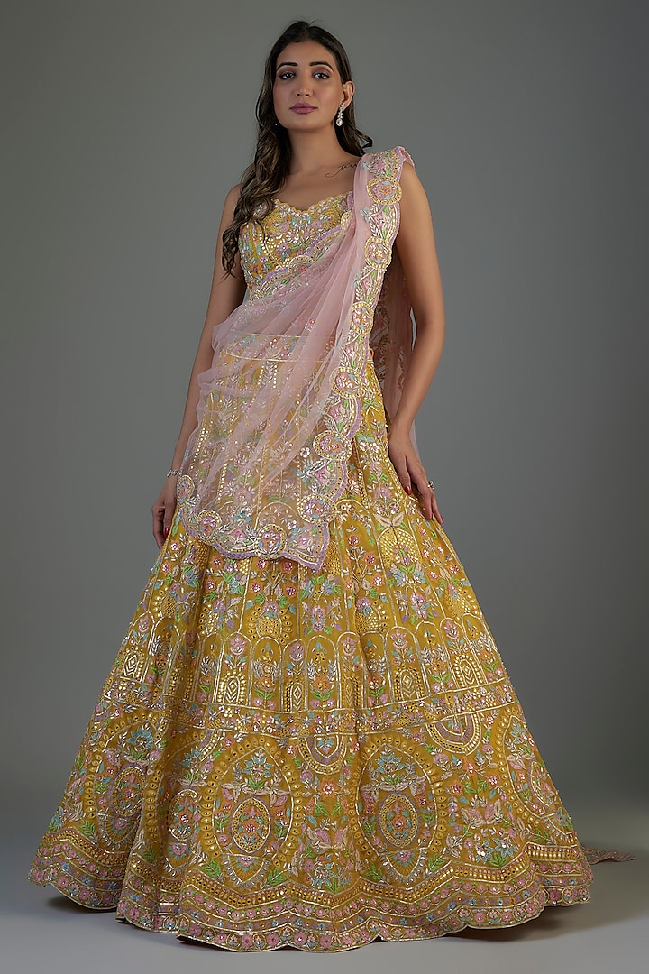 Yellow Organza Embroidered Bridal Lehenga Set by Aneesh Agarwaal at Pernia's Pop Up Shop