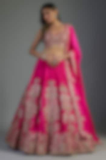 Fuchsia Organza Embroidered Bridal Lehenga Set by Aneesh Agarwaal at Pernia's Pop Up Shop