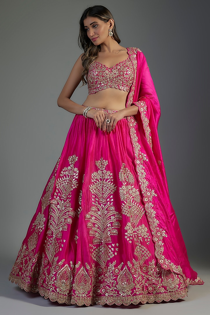 Fuchsia Organza Embroidered Bridal Lehenga Set by Aneesh Agarwaal at Pernia's Pop Up Shop