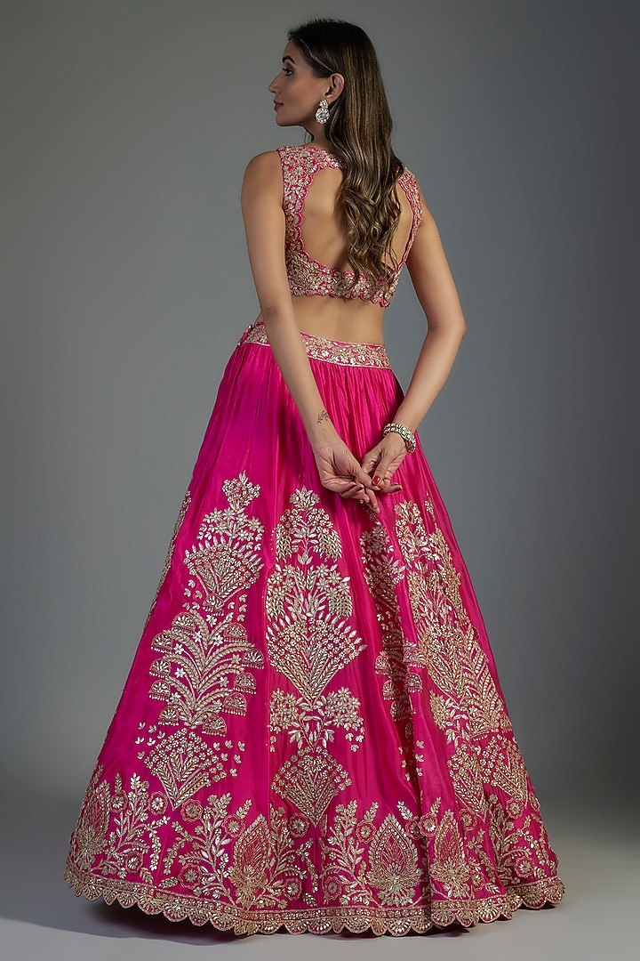 Fuchsia Organza Embroidered Bridal Lehenga Set by Aneesh Agarwaal at Pernia's Pop Up Shop