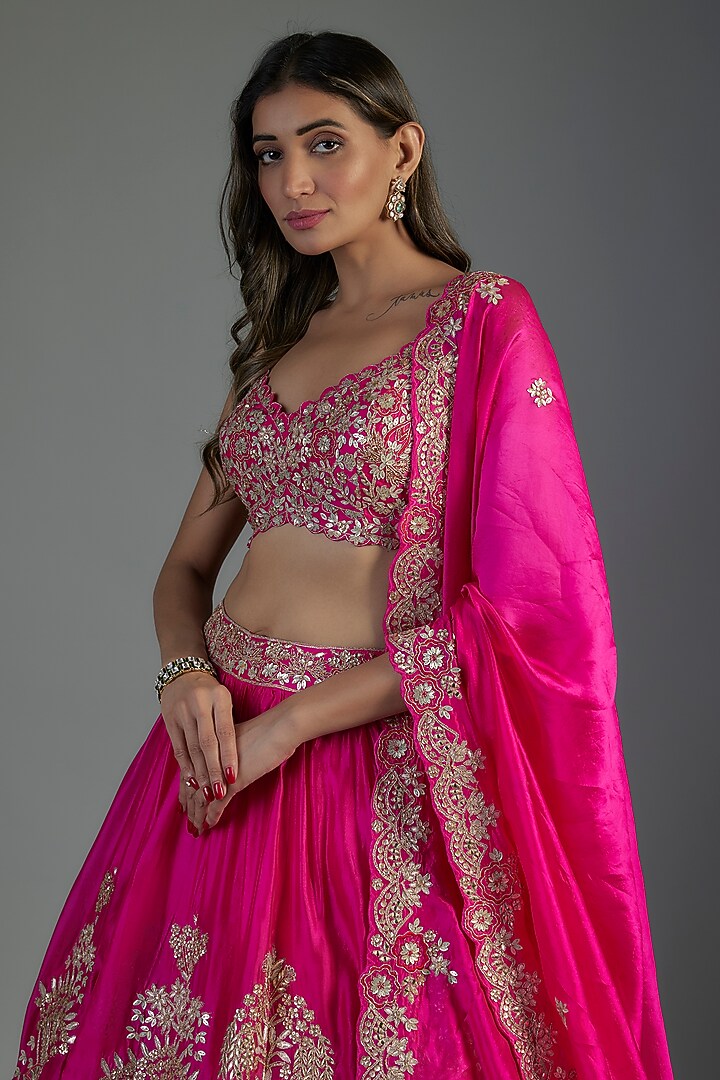 Fuchsia Organza Embroidered Bridal Lehenga Set by Aneesh Agarwaal at Pernia's Pop Up Shop