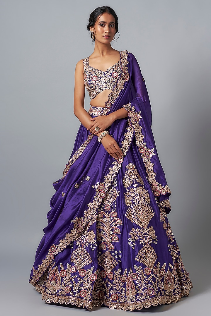 Purple Silk Embroidered Bridal Lehenga Set by Aneesh Agarwaal at Pernia's Pop Up Shop