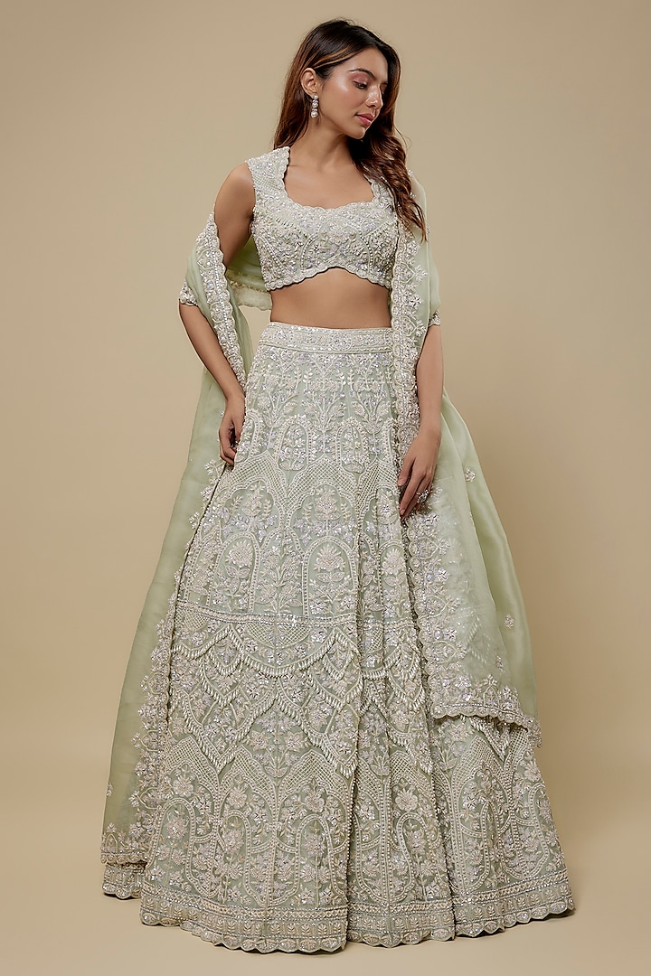 Mint Organza Embroidered Bridal Lehenga Set by Aneesh Agarwaal at Pernia's Pop Up Shop