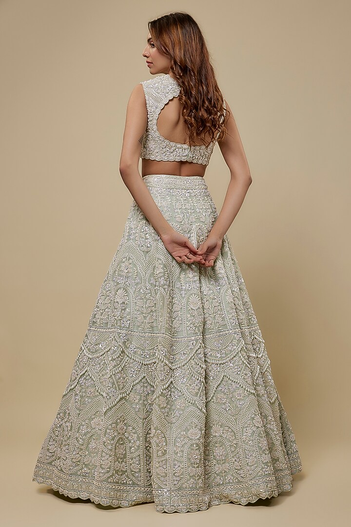 Mint Organza Embroidered Bridal Lehenga Set by Aneesh Agarwaal at Pernia's Pop Up Shop