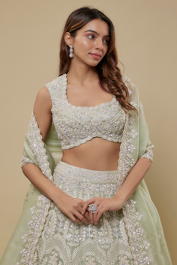 Mint Organza Embroidered Bridal Lehenga Set by Aneesh Agarwaal at Pernia's Pop Up Shop