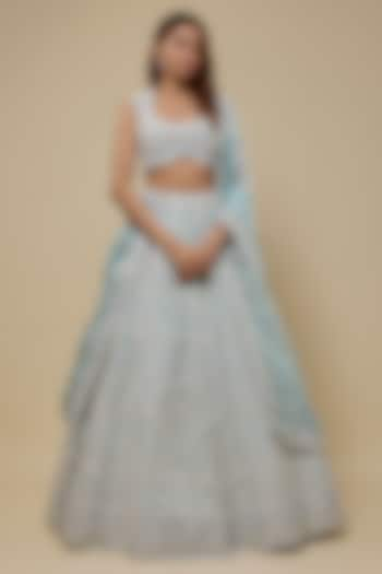 Blue Organza Embroidered Bridal Lehenga Set by Aneesh Agarwaal at Pernia's Pop Up Shop