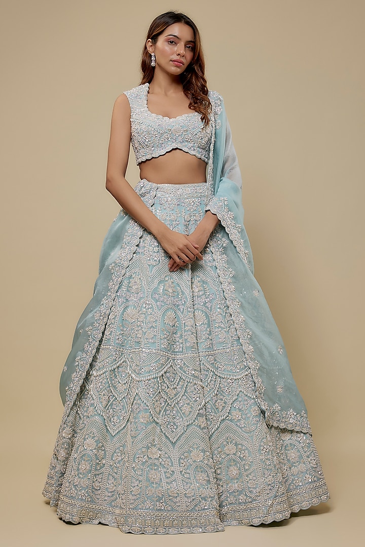 Blue Organza Embroidered Bridal Lehenga Set by Aneesh Agarwaal at Pernia's Pop Up Shop