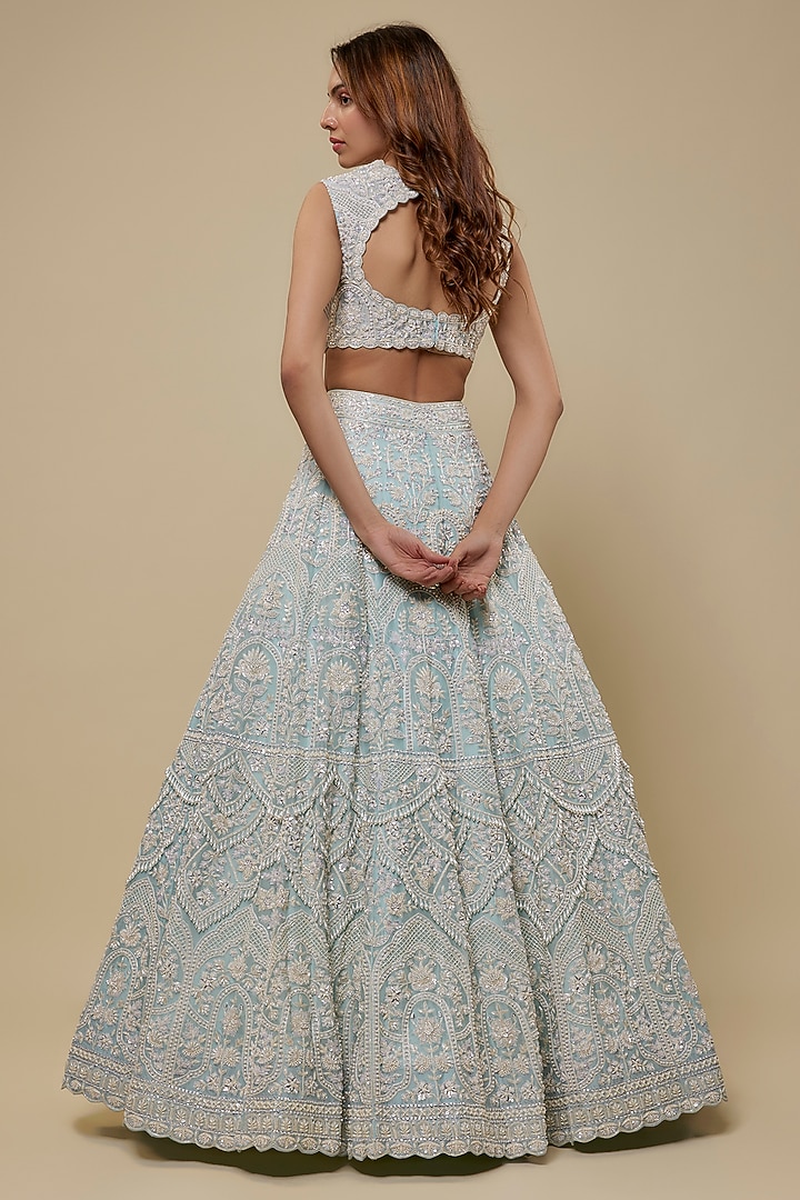 Blue Organza Embroidered Bridal Lehenga Set by Aneesh Agarwaal at Pernia's Pop Up Shop
