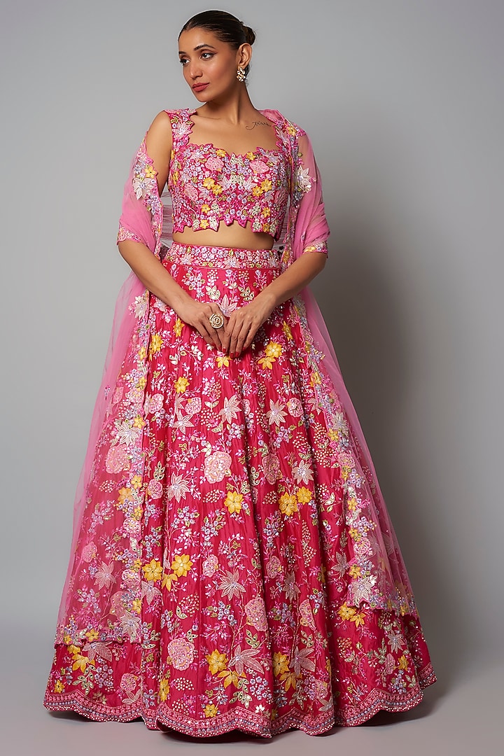 Fuchsia Silk Organza & Net Bridal Lehenga Set by Aneesh Agarwaal at Pernia's Pop Up Shop