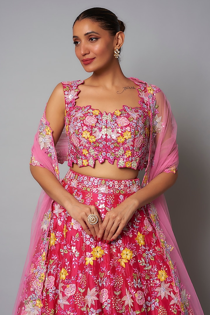 Fuchsia Silk Organza & Net Bridal Lehenga Set by Aneesh Agarwaal at Pernia's Pop Up Shop