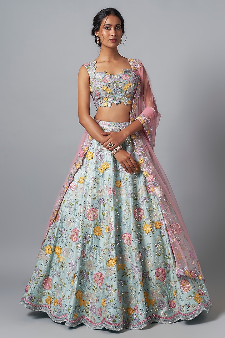 Light Blue Silk 3D Embroidered Bridal Lehenga Set by Aneesh Agarwaal at Pernia's Pop Up Shop