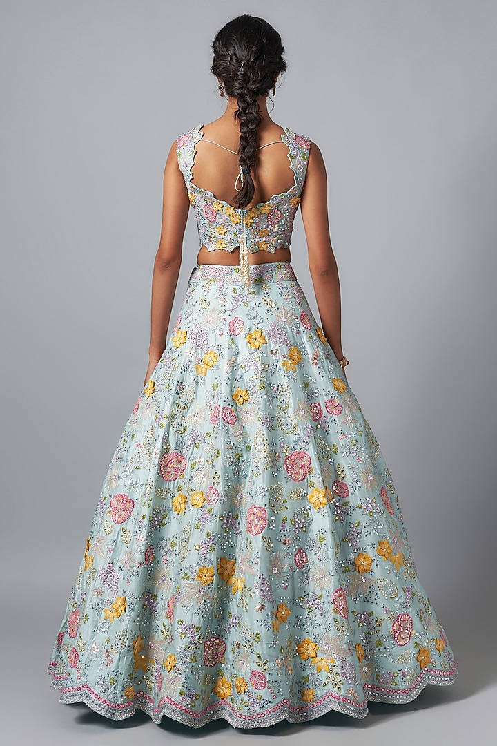 Light Blue Silk 3D Embroidered Bridal Lehenga Set by Aneesh Agarwaal at Pernia's Pop Up Shop