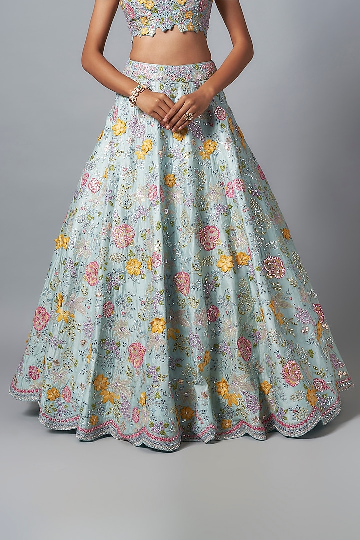 Light Blue Silk 3D Embroidered Bridal Lehenga Set by Aneesh Agarwaal at Pernia's Pop Up Shop