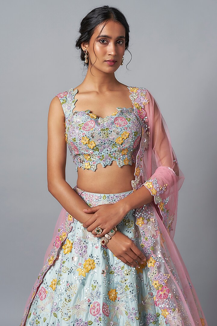 Light Blue Silk 3D Embroidered Bridal Lehenga Set by Aneesh Agarwaal at Pernia's Pop Up Shop