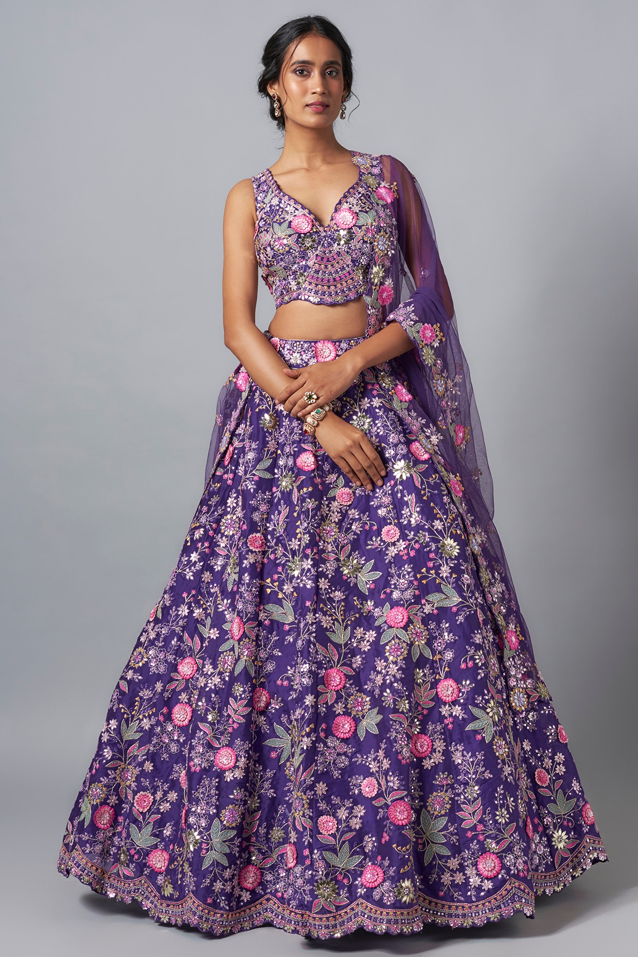 Hand-Embroidered Pure Silk-Organza Deep Purple-Blue Lehenga-Set