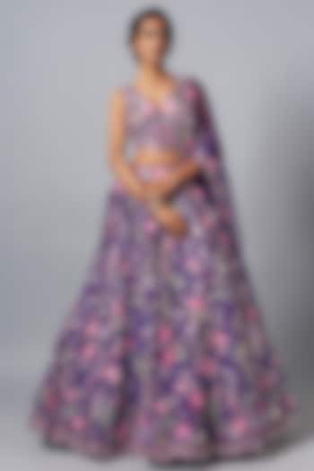 Purple Silk Organza 3D Embroidered Bridal Lehenga Set by Aneesh Agarwaal at Pernia's Pop Up Shop