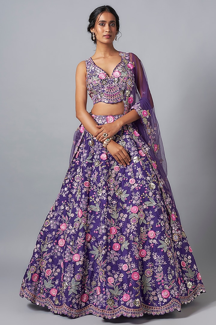 Purple Silk Organza 3D Embroidered Bridal Lehenga Set by Aneesh Agarwaal at Pernia's Pop Up Shop