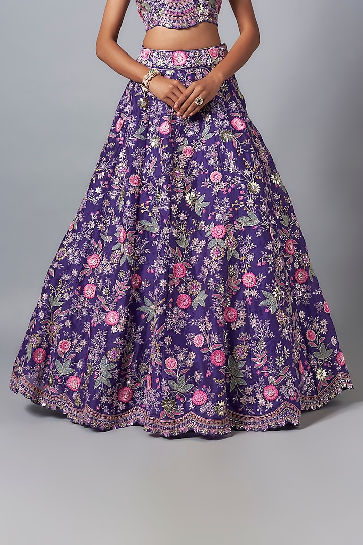 Purple Silk Organza 3D Embroidered Bridal Lehenga Set by Aneesh Agarwaal at Pernia's Pop Up Shop