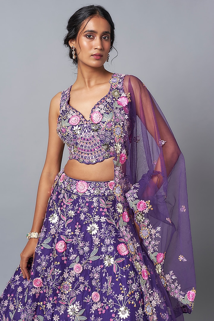 Purple Silk Organza 3D Embroidered Bridal Lehenga Set by Aneesh Agarwaal at Pernia's Pop Up Shop