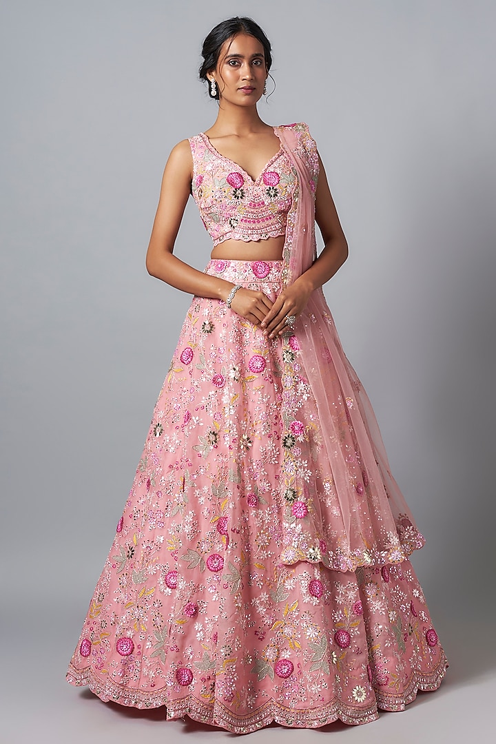 Coral Silk Organza 3D Embroidered Bridal Lehenga Set by Aneesh Agarwaal at Pernia's Pop Up Shop