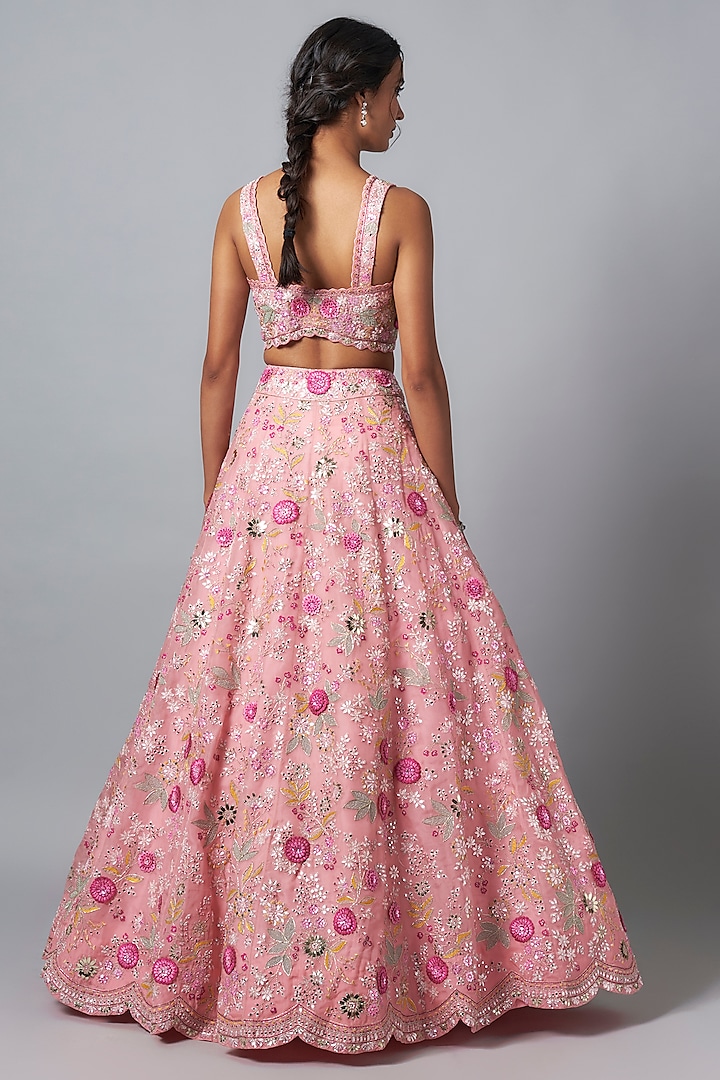Coral Silk Organza 3D Embroidered Bridal Lehenga Set by Aneesh Agarwaal at Pernia's Pop Up Shop