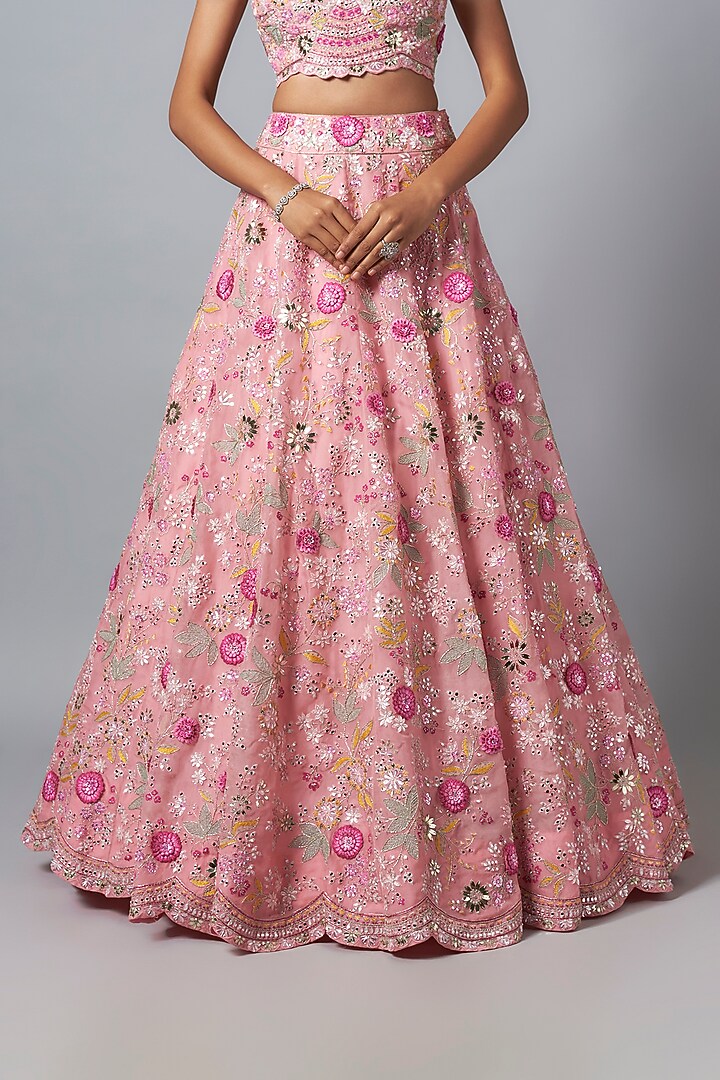 Coral Silk Organza 3D Embroidered Bridal Lehenga Set by Aneesh Agarwaal at Pernia's Pop Up Shop