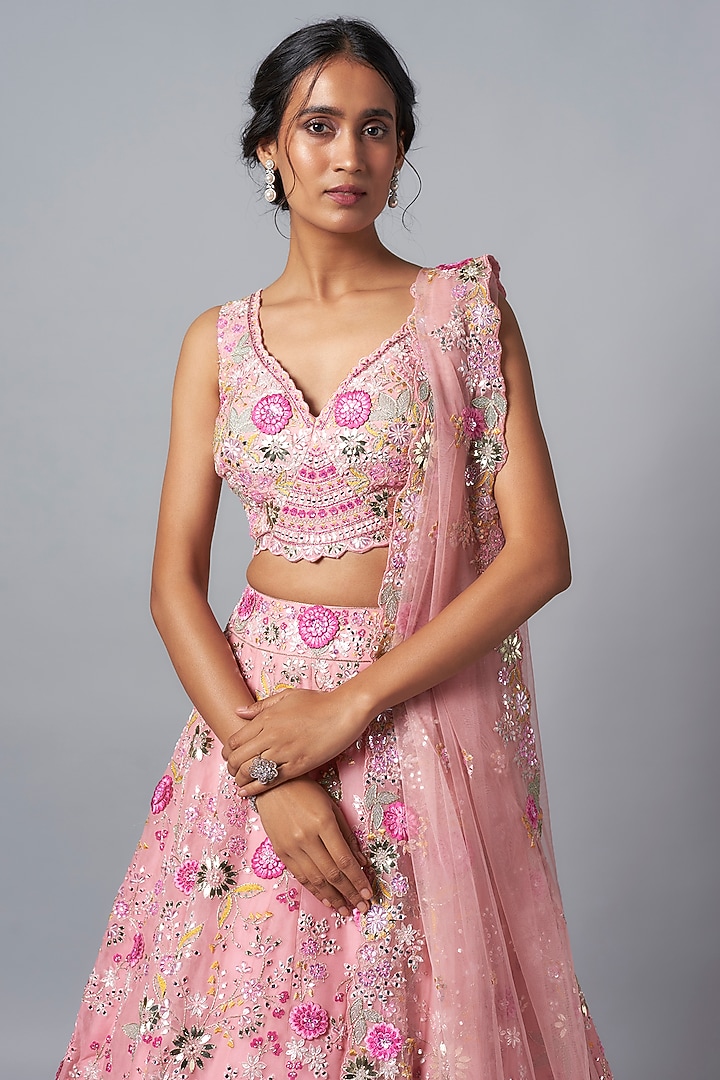 Coral Silk Organza 3D Embroidered Bridal Lehenga Set by Aneesh Agarwaal at Pernia's Pop Up Shop