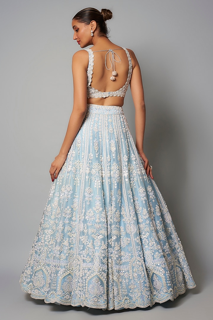 Blue Organza Pearl Bridal Lehenga Set by Aneesh Agarwaal at Pernia's Pop Up Shop