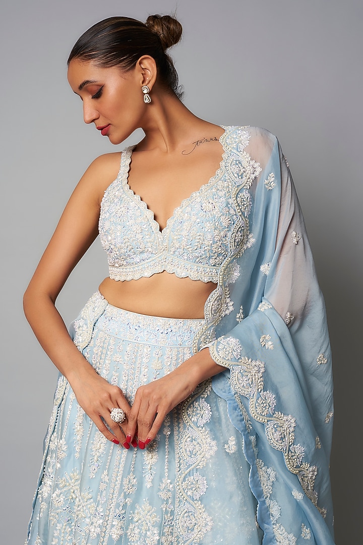 Blue Organza Pearl Bridal Lehenga Set by Aneesh Agarwaal at Pernia's Pop Up Shop