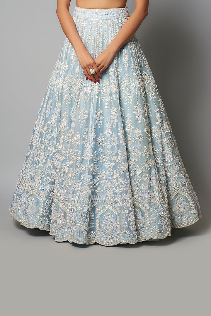 Blue Organza Pearl Bridal Lehenga Set by Aneesh Agarwaal at Pernia's Pop Up Shop