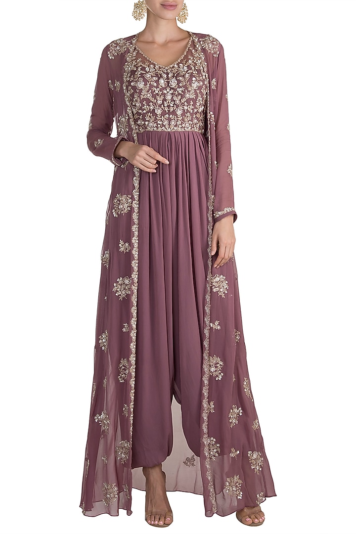 Brown Cowl Jumpsuit With Embroidered Jacket by Aneesh Agarwaal PRET at Pernia's Pop Up Shop