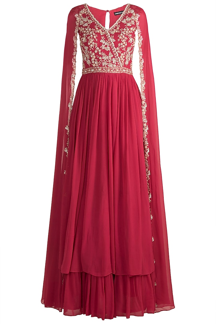 Red Embroidered Anarkali Gown With Cape Sleeves by Aneesh Agarwaal PRET