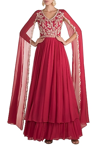 Red Embroidered Anarkali Gown With Cape Sleeves by Aneesh Agarwaal PRET