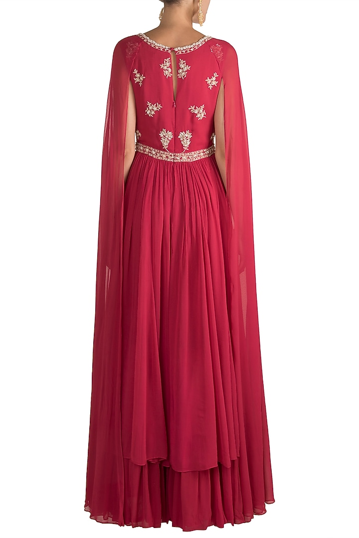 Red Embroidered Wedding Anarkali Gown With Cape Sleeves by Aneesh Agarwaal PRET at Pernia's Pop Up Shop