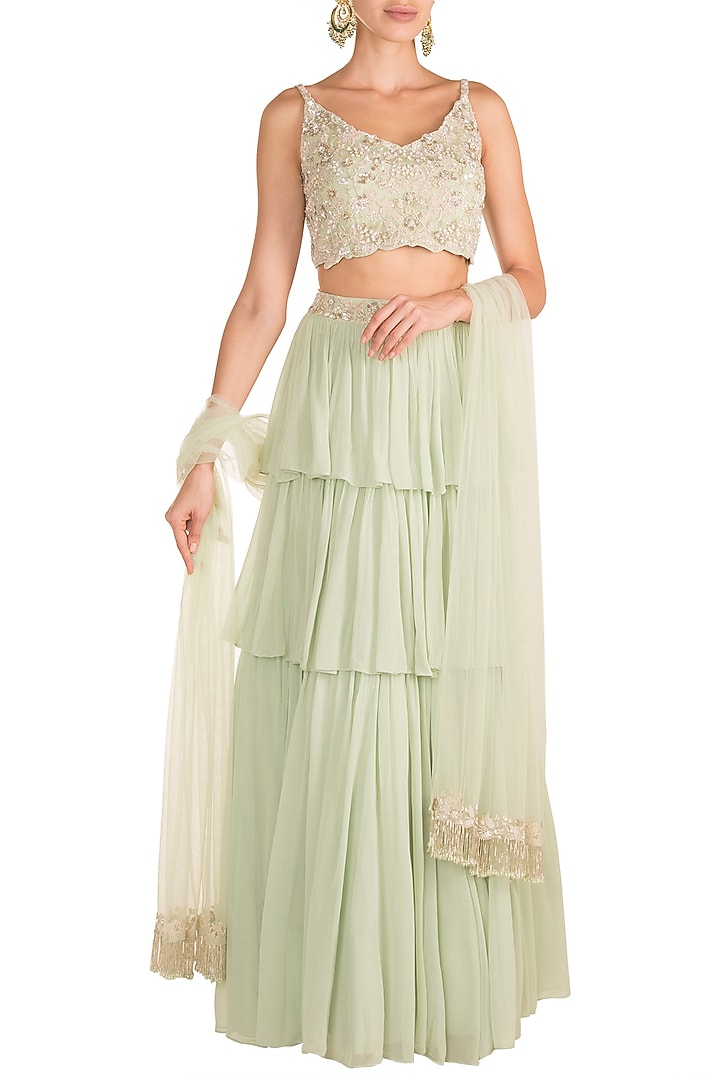 Mint Green Embroidered Wedding Lehenga Set by Aneesh Agarwaal PRET at Pernia's Pop Up Shop