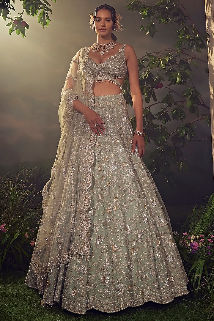 Jade Green Organza Embroidered Bridal Lehenga Set by Aneesh Agarwaal at Pernia's Pop Up Shop