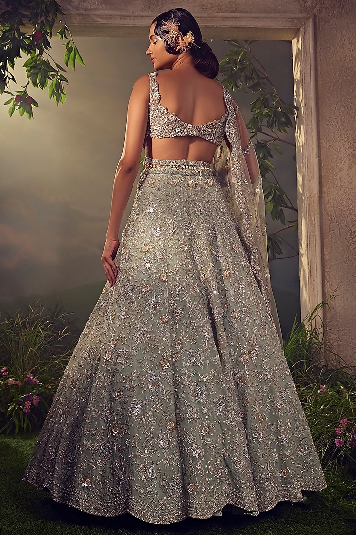 Jade Green Organza Embroidered Bridal Lehenga Set by Aneesh Agarwaal at Pernia's Pop Up Shop