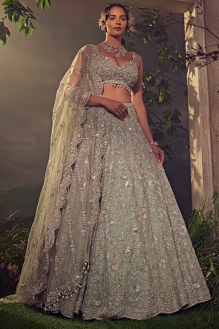 Jade Green Organza Embroidered Bridal Lehenga Set by Aneesh Agarwaal at Pernia's Pop Up Shop