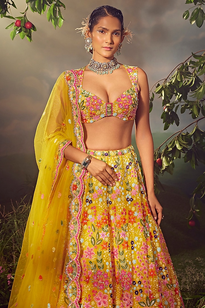 Primrose Yellow Silk Hand Embellished Bridal Lehenga Set by Aneesh Agarwaal at Pernia's Pop Up Shop