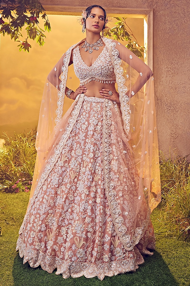 Pale Blush Pink Organza Embroidered Bridal Lehenga Set by Aneesh Agarwaal at Pernia's Pop Up Shop