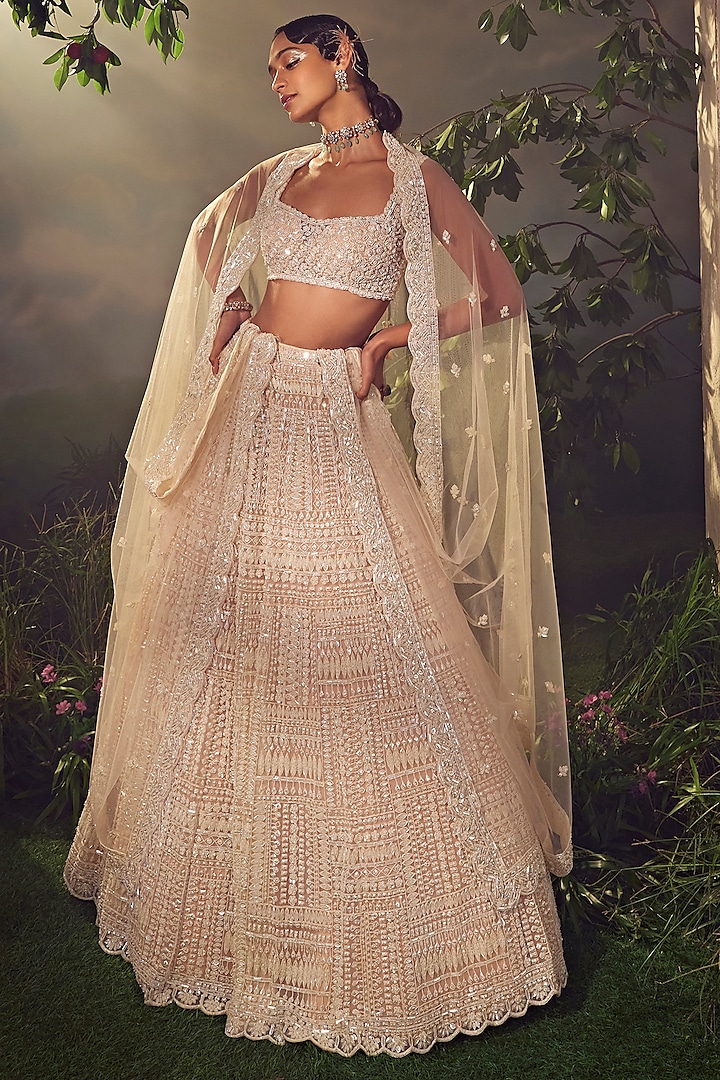 Blush-Ivory Tulle Hand Embroidered Bridal Lehenga Set by Aneesh Agarwaal at Pernia's Pop Up Shop