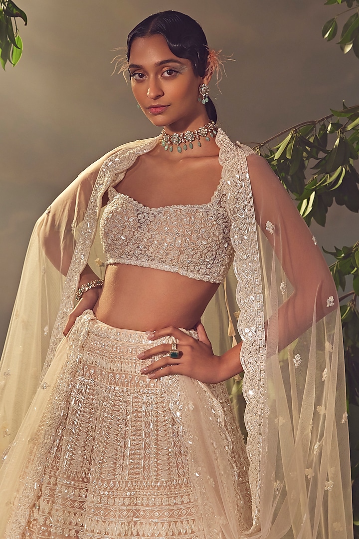 Blush-Ivory Tulle Hand Embroidered Bridal Lehenga Set by Aneesh Agarwaal at Pernia's Pop Up Shop
