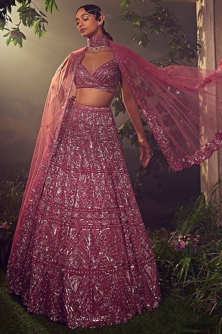 Metallic Cashmere Rose Tulle Embroidered Bridal Lehenga Set by Aneesh Agarwaal at Pernia's Pop Up Shop