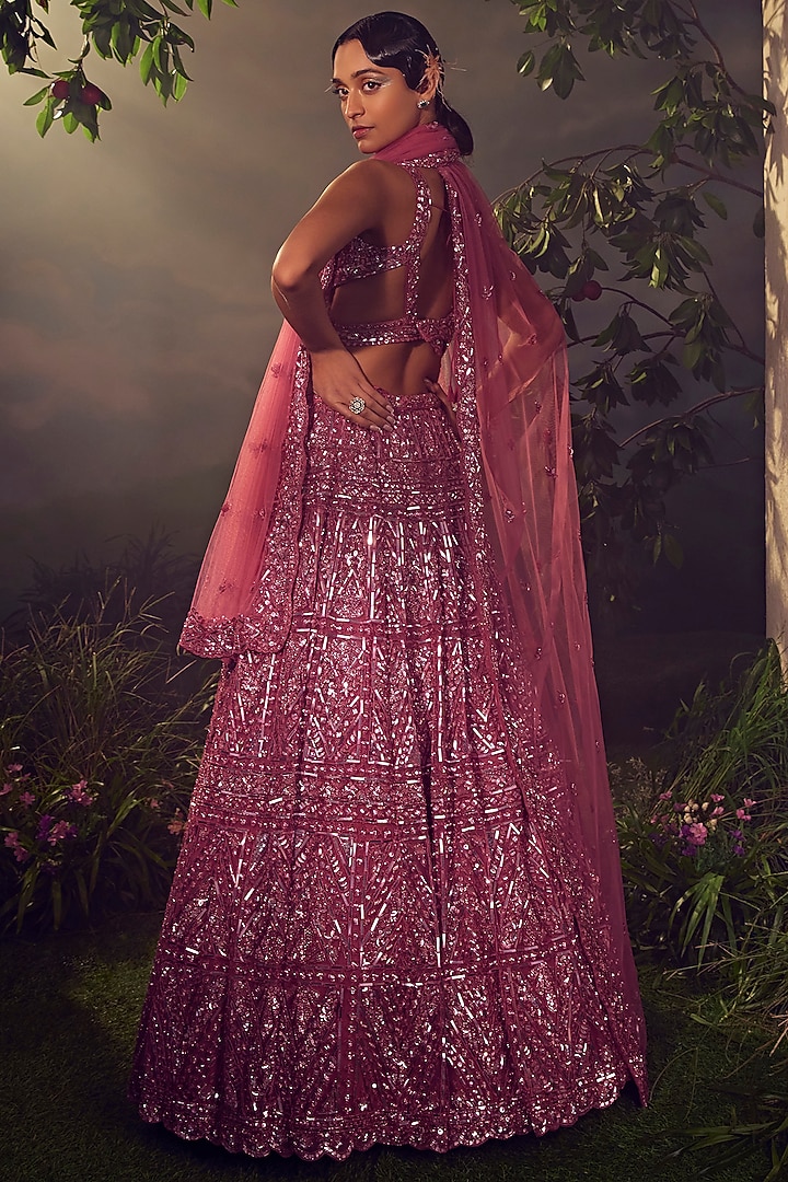 Metallic Cashmere Rose Tulle Embroidered Bridal Lehenga Set by Aneesh Agarwaal at Pernia's Pop Up Shop