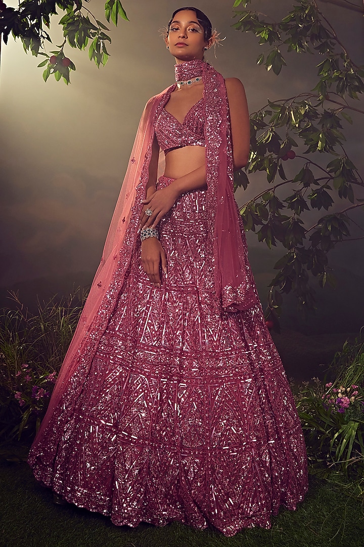 Metallic Cashmere Rose Tulle Embroidered Bridal Lehenga Set by Aneesh Agarwaal at Pernia's Pop Up Shop